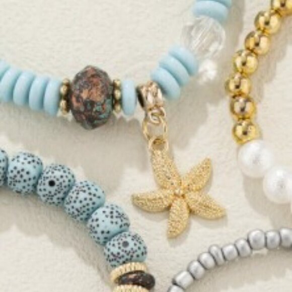 4PCS Starfish Pendant Blue Beaded Bracelet Set Glass Beads Beach Ocean Boho - Picture 3 of 6